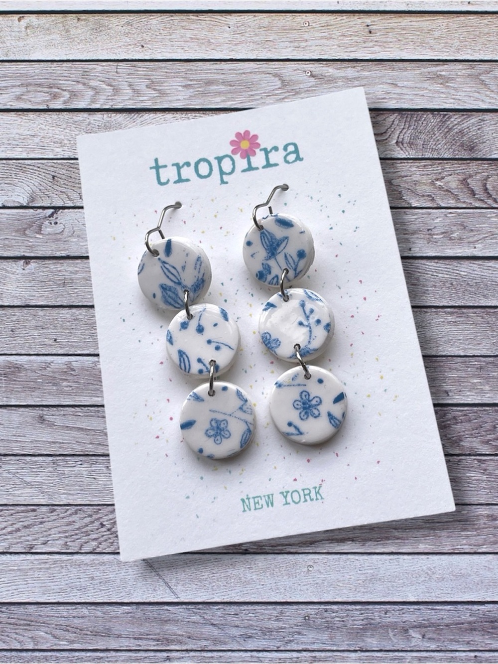 Blue & White Floral Round Dangling Earrings